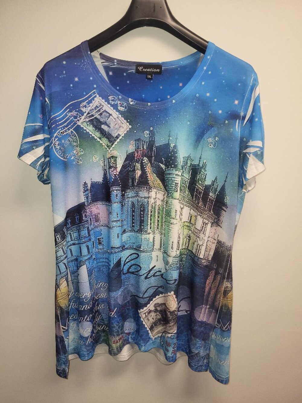 Creation Women’s Blue Paris Cityscape Graphic Top Short Sleeve Lightweight Blous